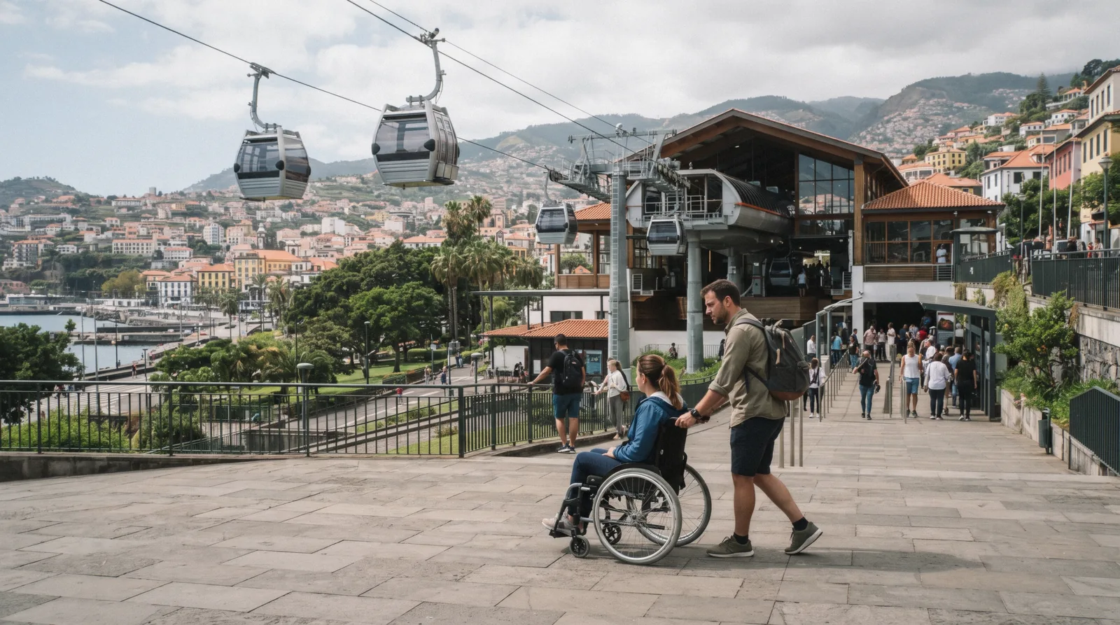 A wheelchair user and a companion at the lower station of the Funchal cable car by Jardim Almirante Reis, boarding the Funchal accessibility route to Monte