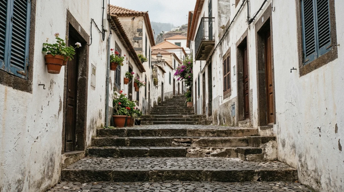 A steep stepped cobbled lane in the Zona Velha old town of Funchal, Madeira