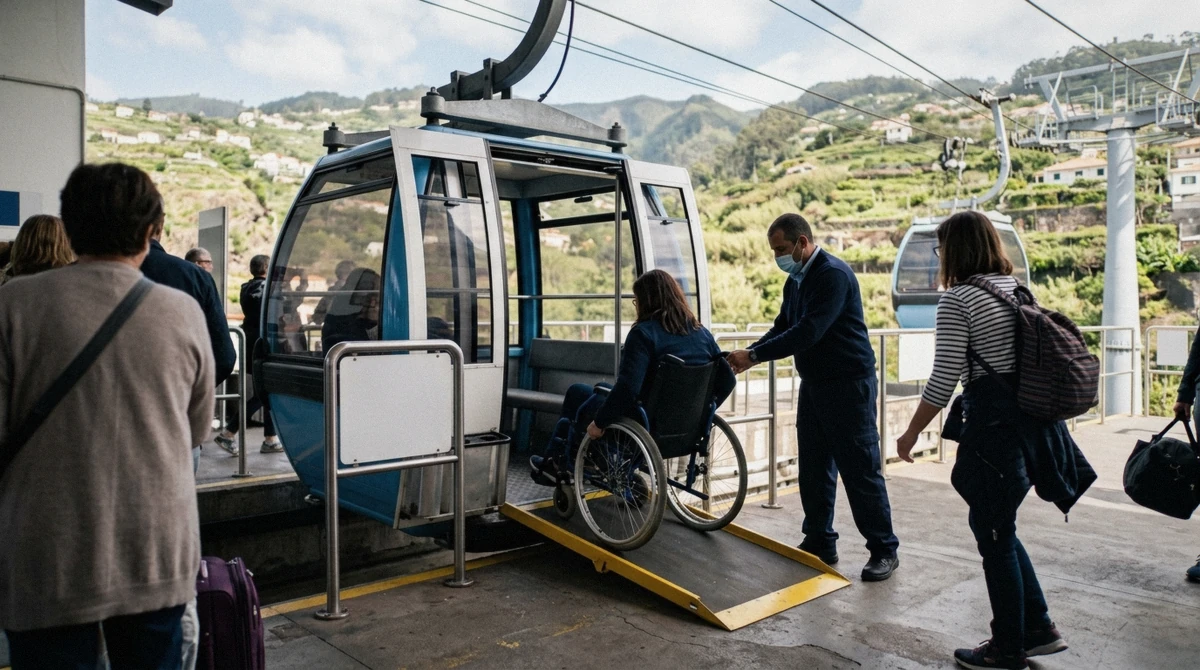 A wheelchair user boarding the Funchal cable car at the lower station platform, Madeira