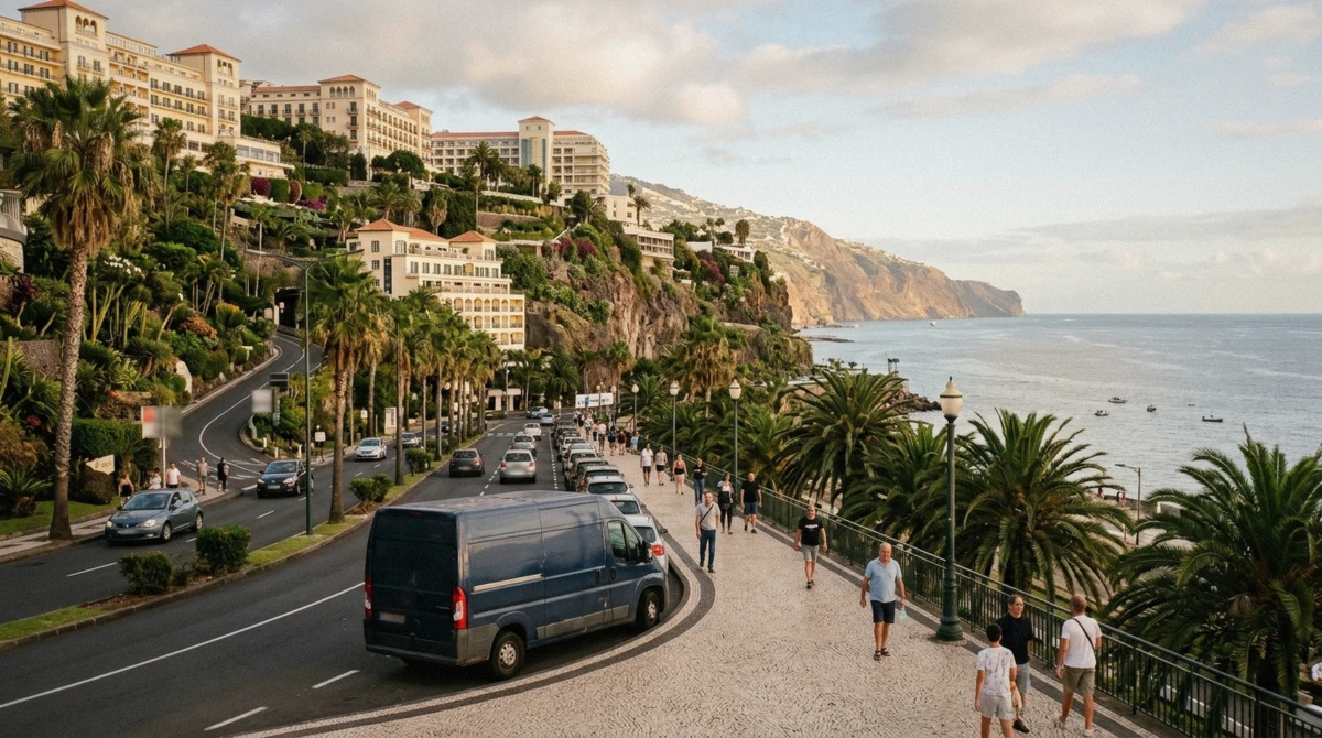 The Estrada Monumental hotel strip seen from the coastal promenade in Funchal, Portugal