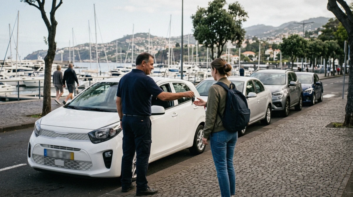 Rental cars parked at a curbside pick-up point near the Funchal marina, Madeira