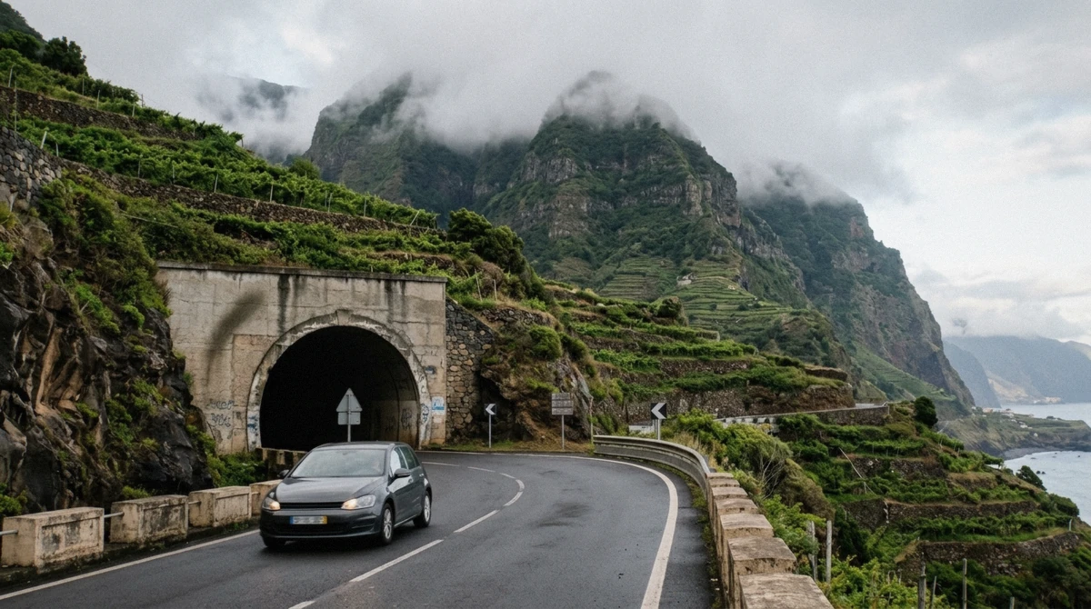 A car approaching a mountain road tunnel on Madeira near Funchal