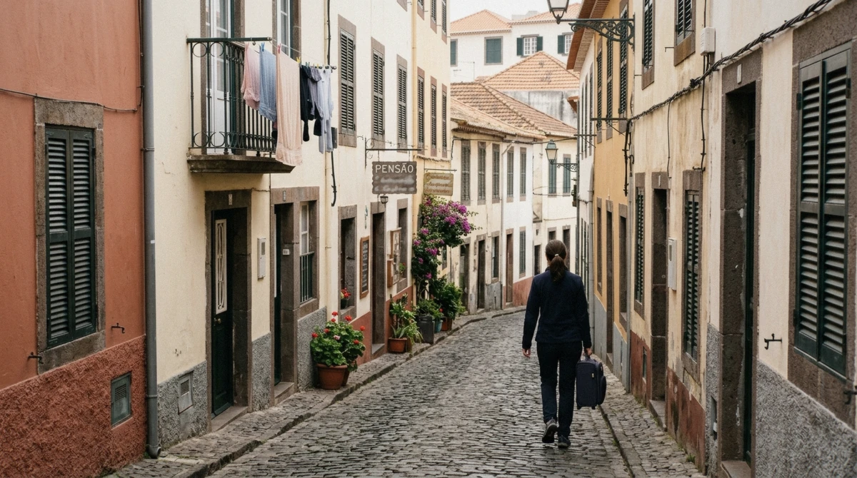 A modest guesthouse street in the old town of Funchal, Portugal