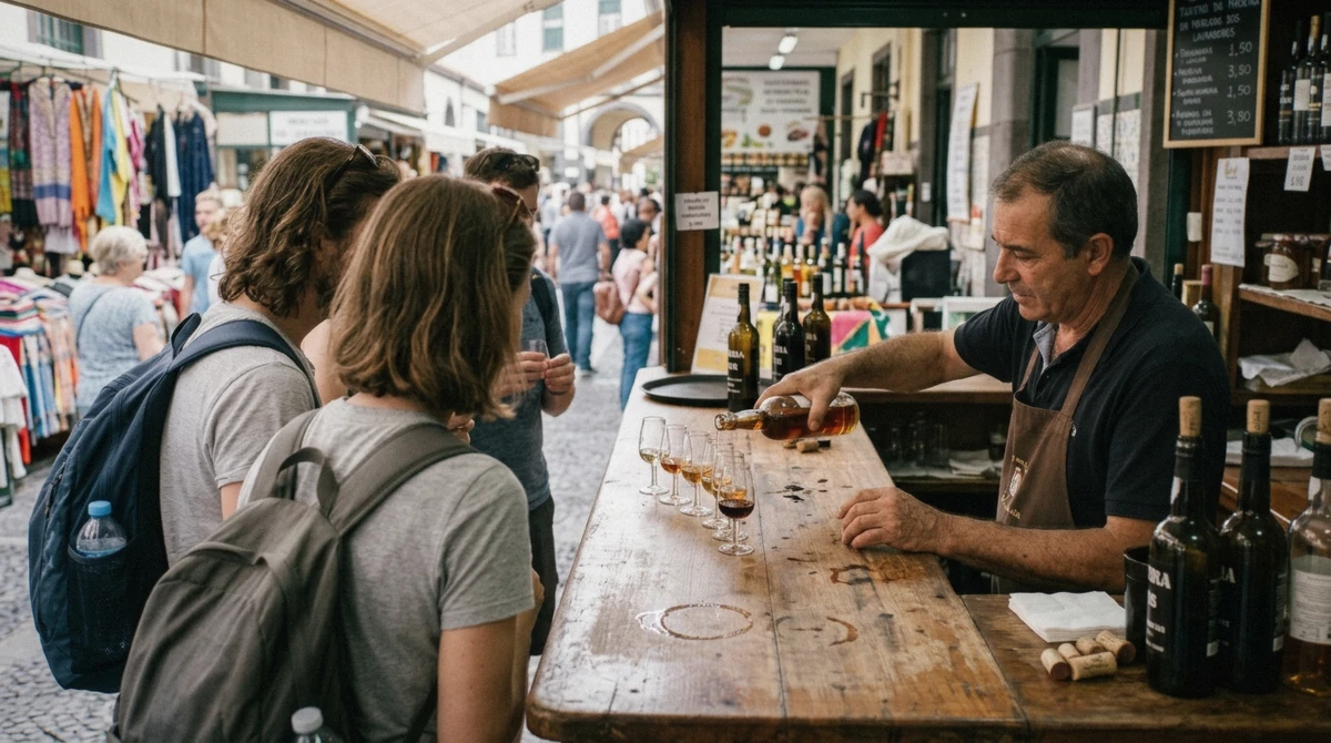 A small group tasting Madeira wine at a market stall in Funchal, Portugal