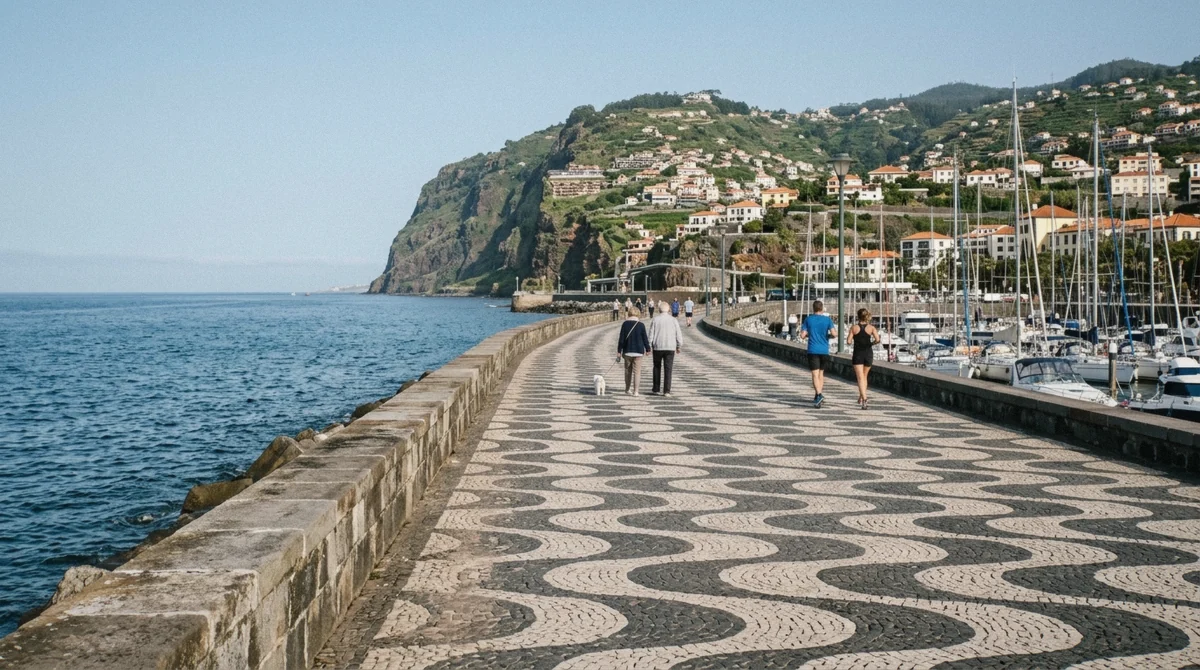 Walkers and joggers on the patterned sea wall promenade in Funchal, Portugal with the marina and hillside behind