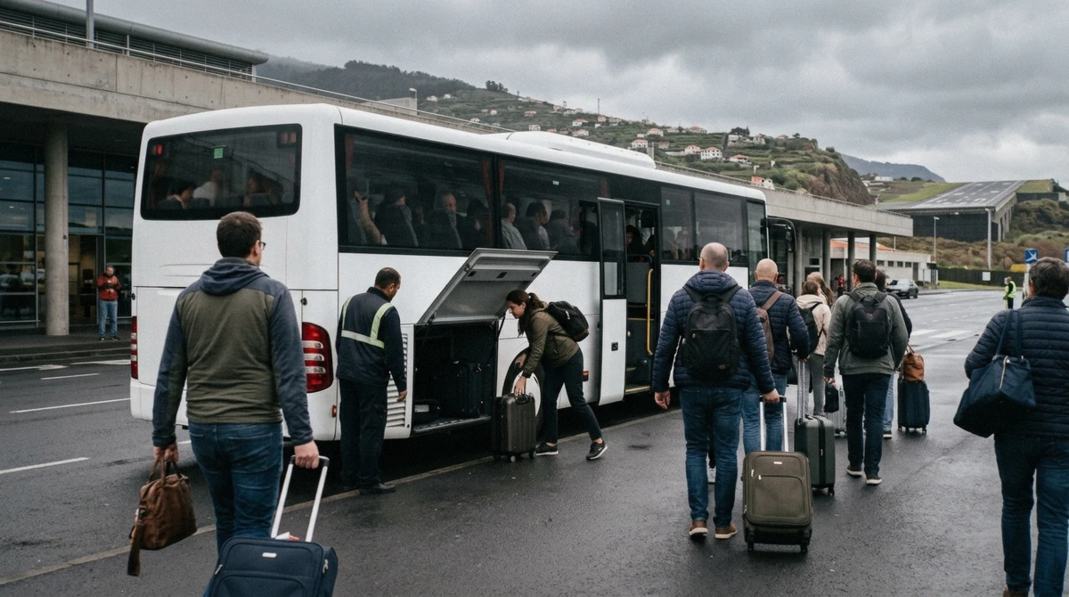 Travellers boarding the Aerobus airport bus with luggage at Funchal Airport, Madeira