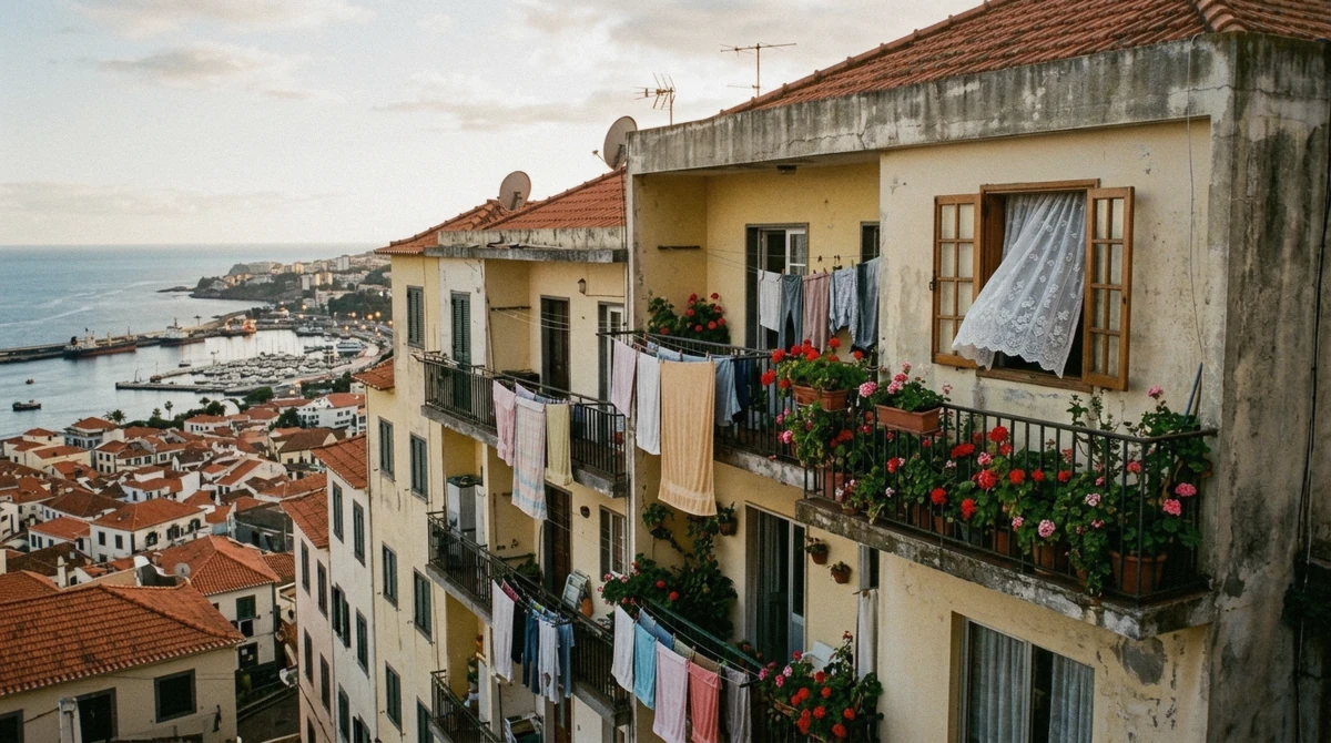 A residential apartment balcony in central Funchal, Portugal with potted plants above a narrow street