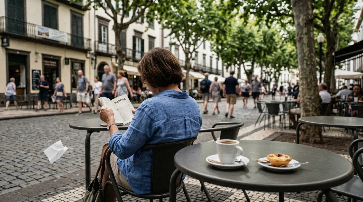 A small cafe terrace on Avenida Arriaga in Funchal, Portugal in the morning
