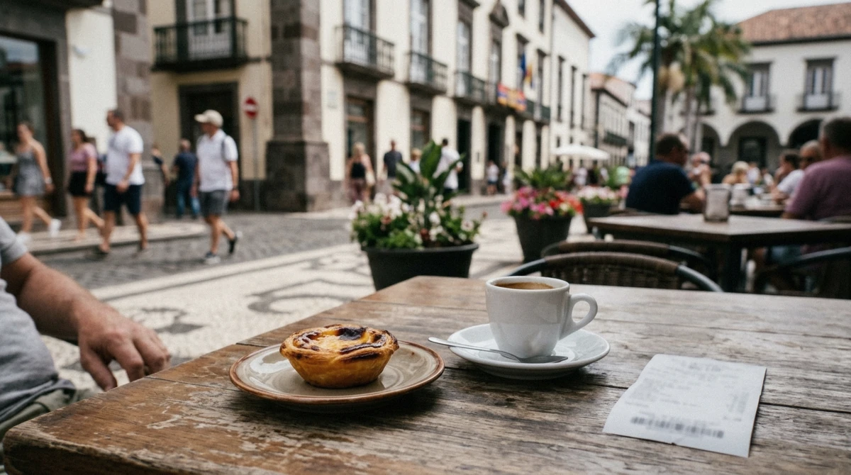 A coffee and a pastel de nata on a cafe terrace table in Funchal, Madeira