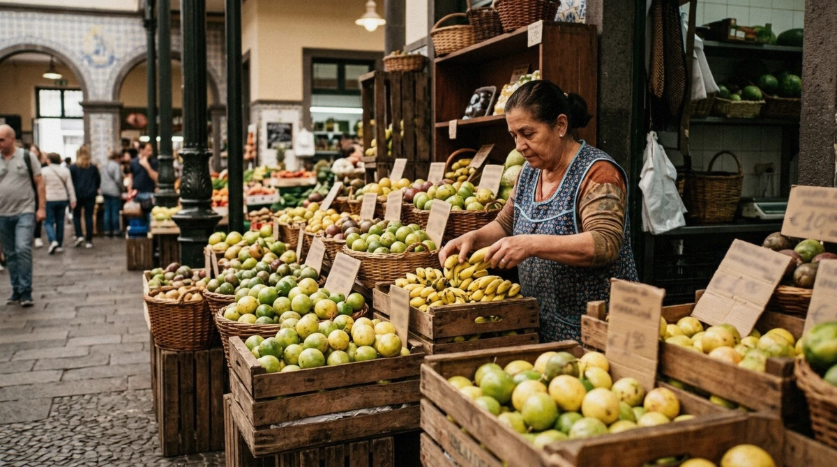 A fruit stall with price tags inside Mercado dos Lavradores market in Funchal, Madeira