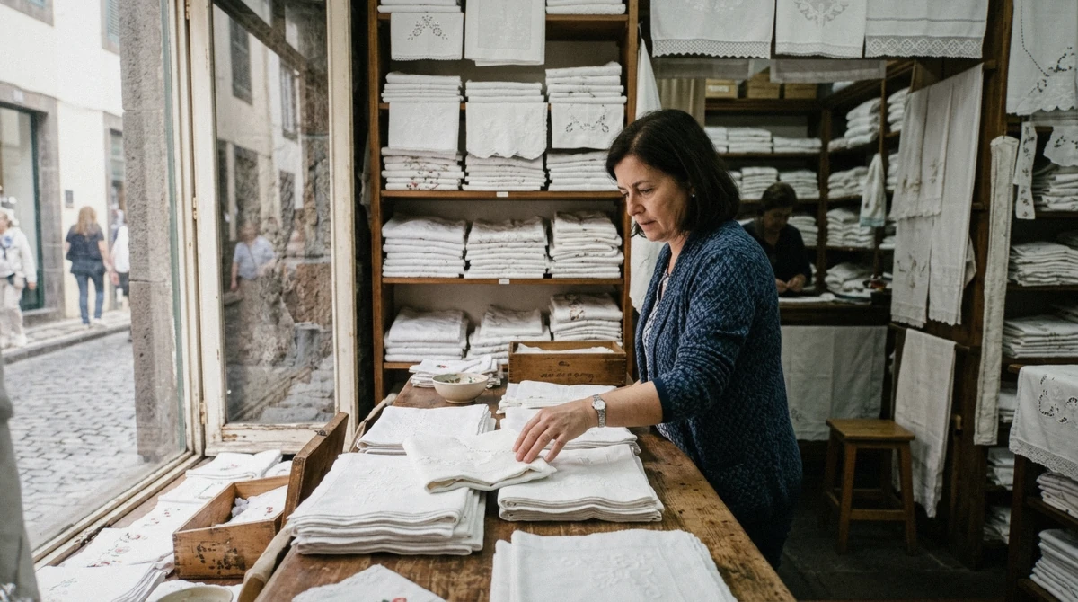 Folded Madeira embroidery pieces displayed on shelves in a small shop in Funchal, Portugal