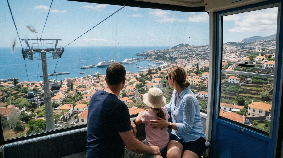 A family riding the cable car above Funchal, Portugal looking out at the rooftops below