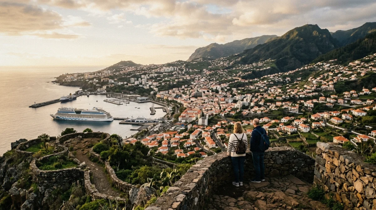 A wide hillside view of Funchal, Madeira showing the city climbing from the harbour to the mountains