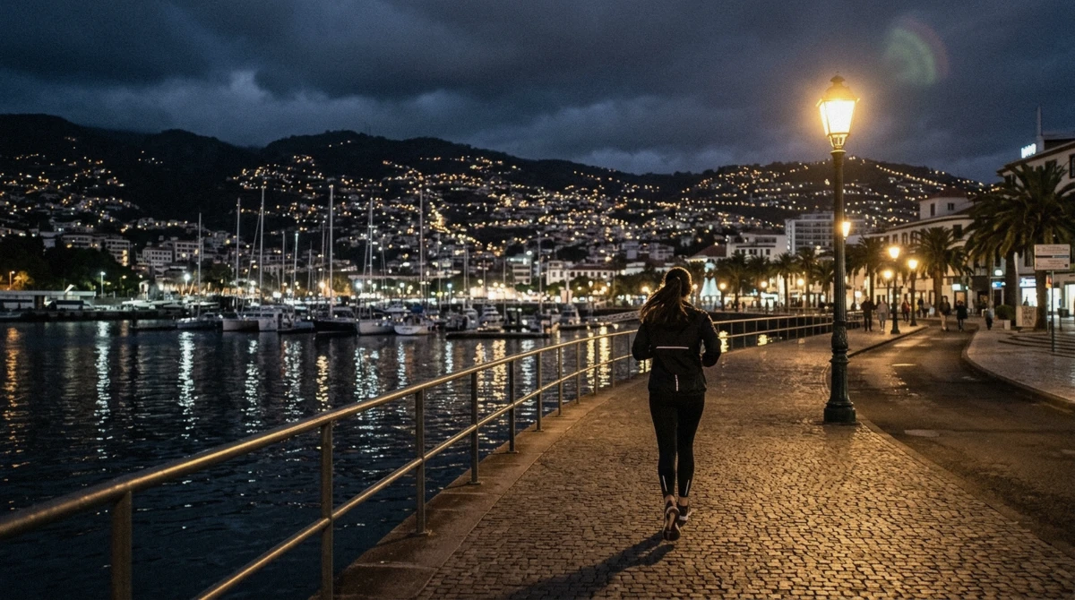 The Avenida do Mar waterfront promenade in Funchal, Portugal lit at night with harbour lights reflecting on the water