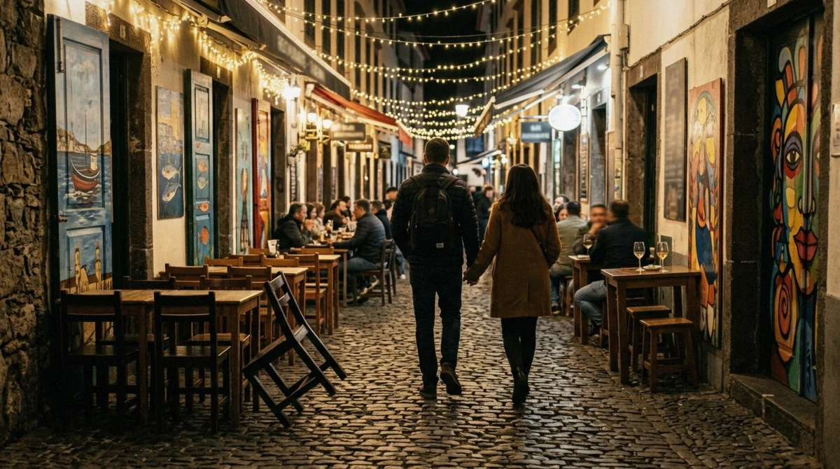 A bar-lined lane in the Zona Velha old town of Funchal, Portugal at night