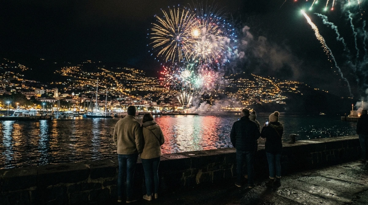Fireworks over Funchal bay, Portugal at midnight on New Year's Eve