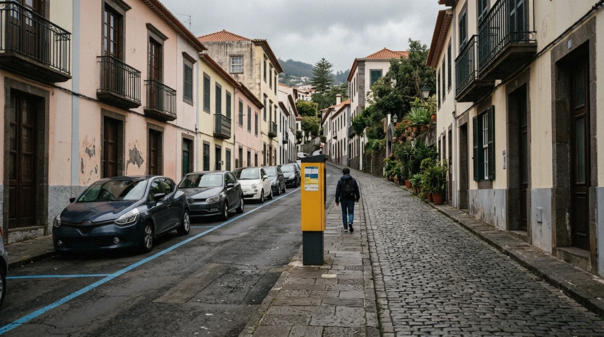 A Funchal street with cars parked along painted blue parking bay lines and a ticket machine