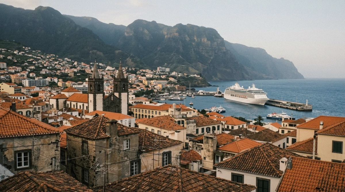 The rooftops of central Funchal, Portugal with the cathedral tower and the harbour beyond