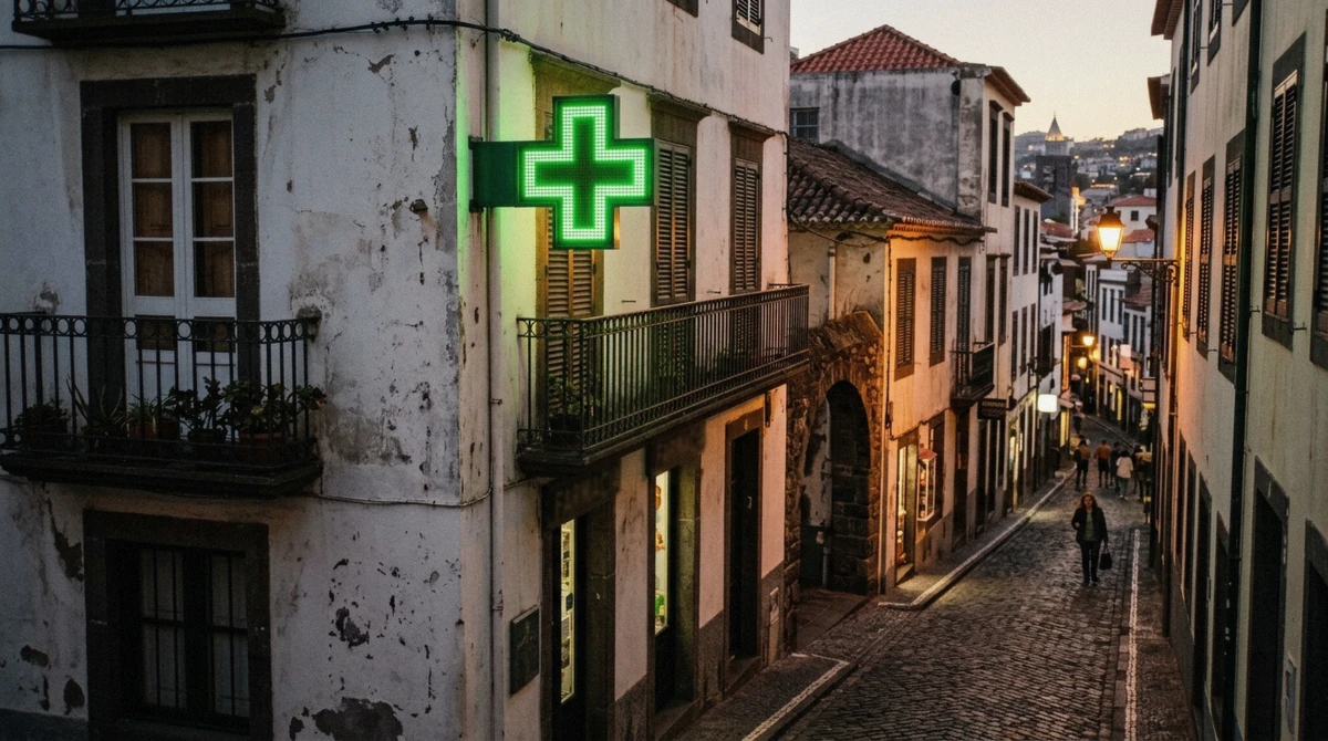 A green pharmacy cross sign on a street corner in Funchal, Madeira