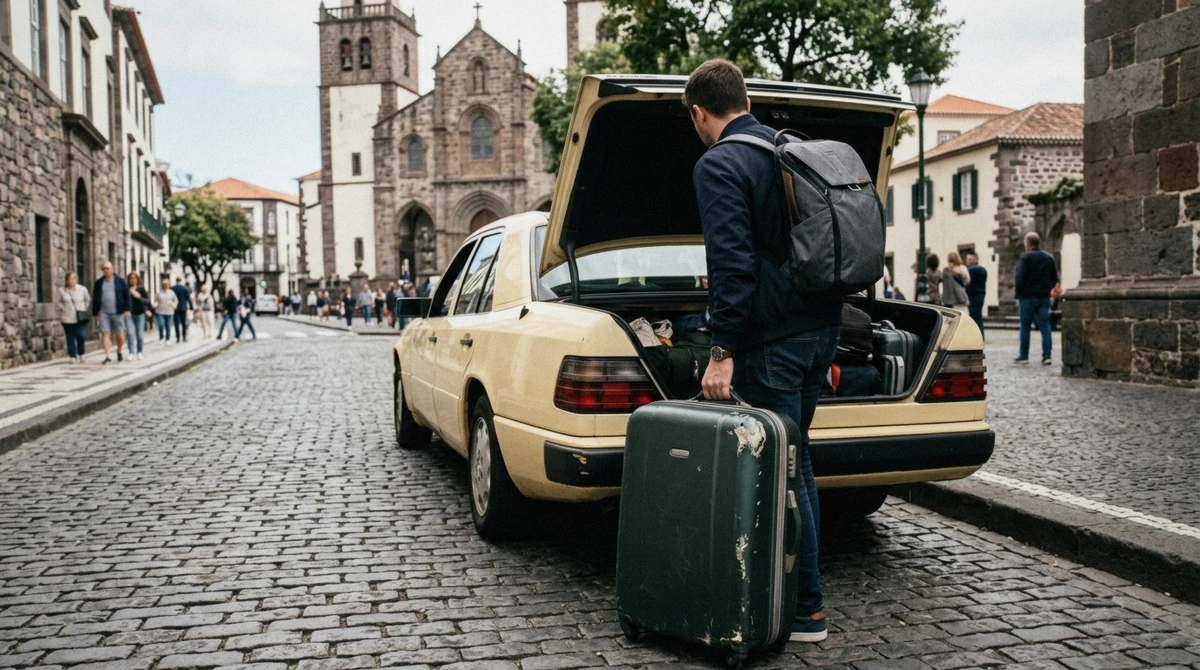 A traveller loading a suitcase into a taxi trunk near the Se cathedral square in Funchal, Madeira