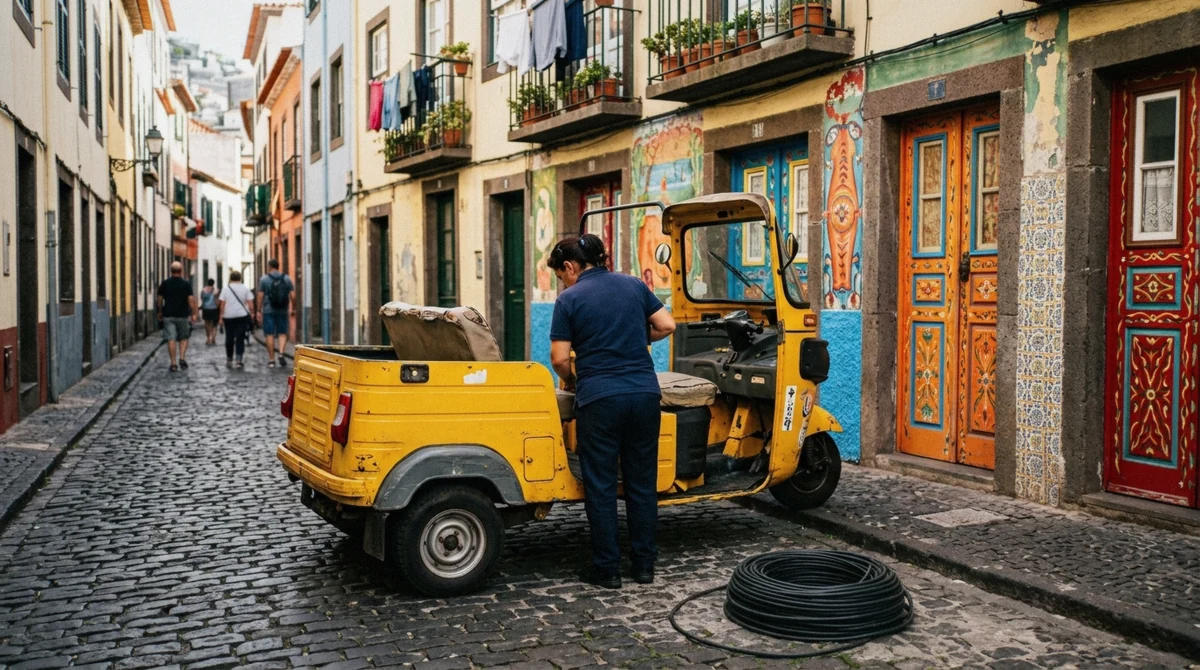 A tuk-tuk parked on a cobblestone street in the Funchal old town, Madeira