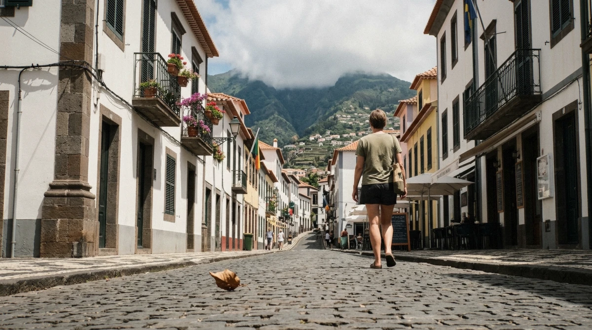A sunny cobblestone street in central Funchal, Portugal with clouds over the mountains behind the city