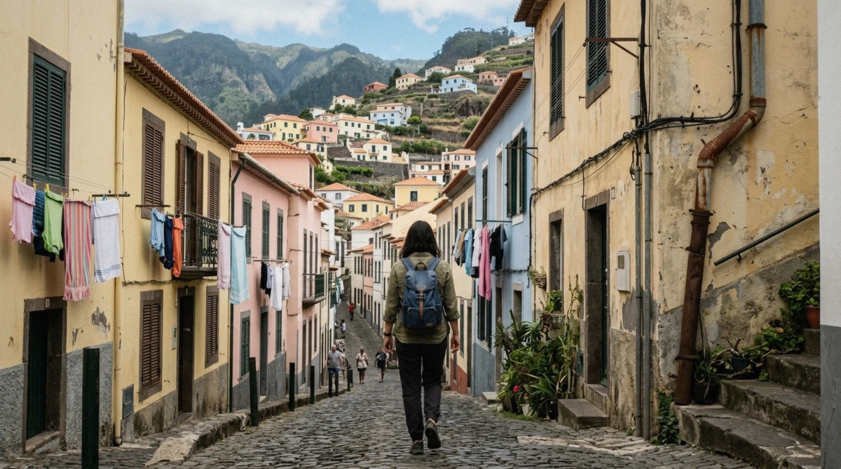 A traveller walking up a steep street toward the hillside above central Funchal, Madeira