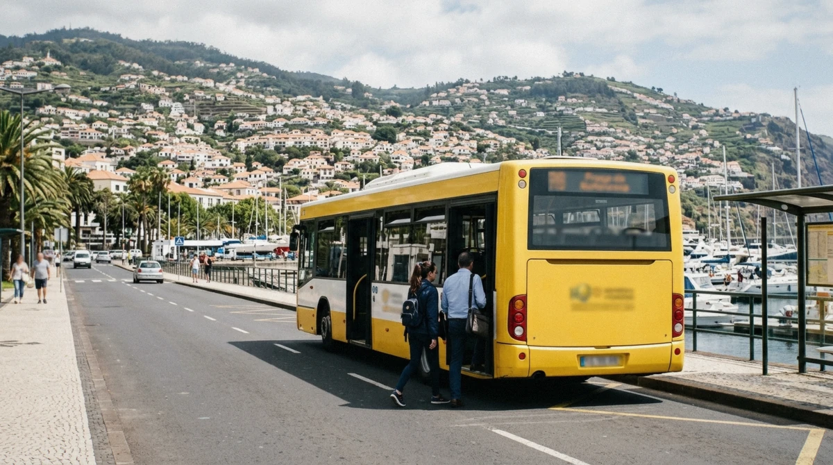 A city bus stopped on Avenida do Mar in Funchal, Madeira, with passengers boarding