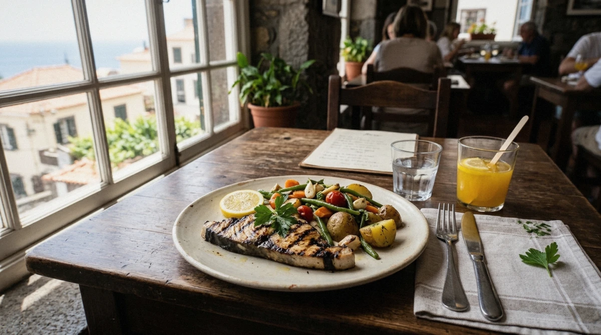 A plated gluten-free fish and vegetable dish in a Funchal, Portugal restaurant