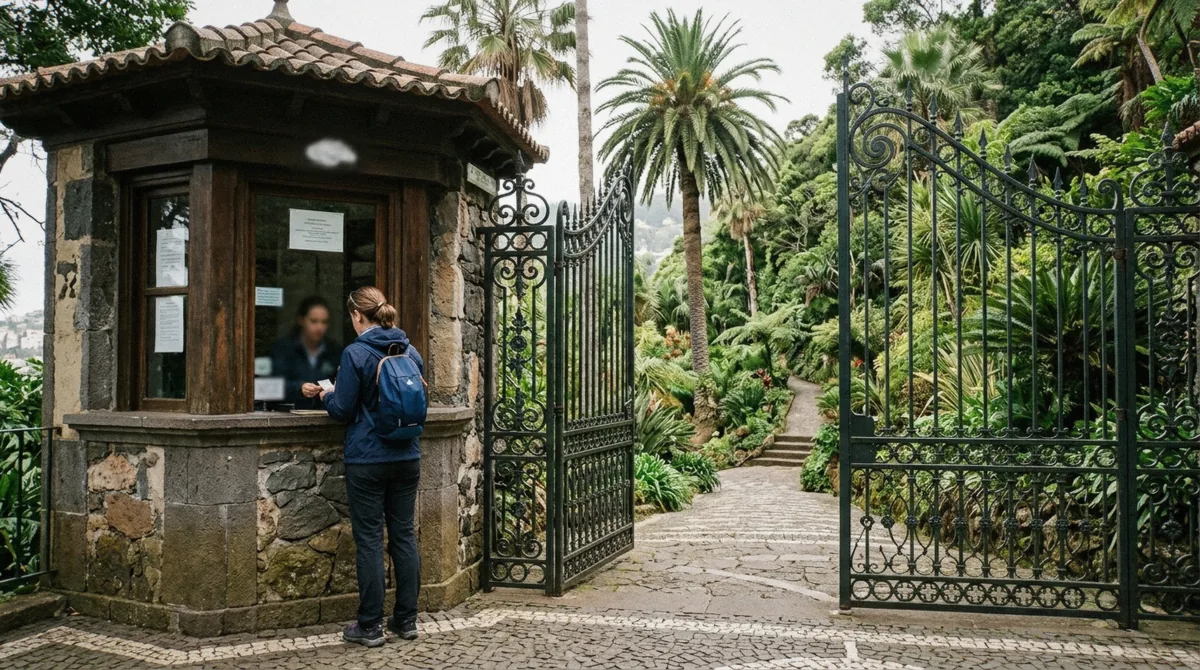 A visitor buying a ticket at the entrance booth to Monte Palace Tropical Garden, Funchal, Madeira
