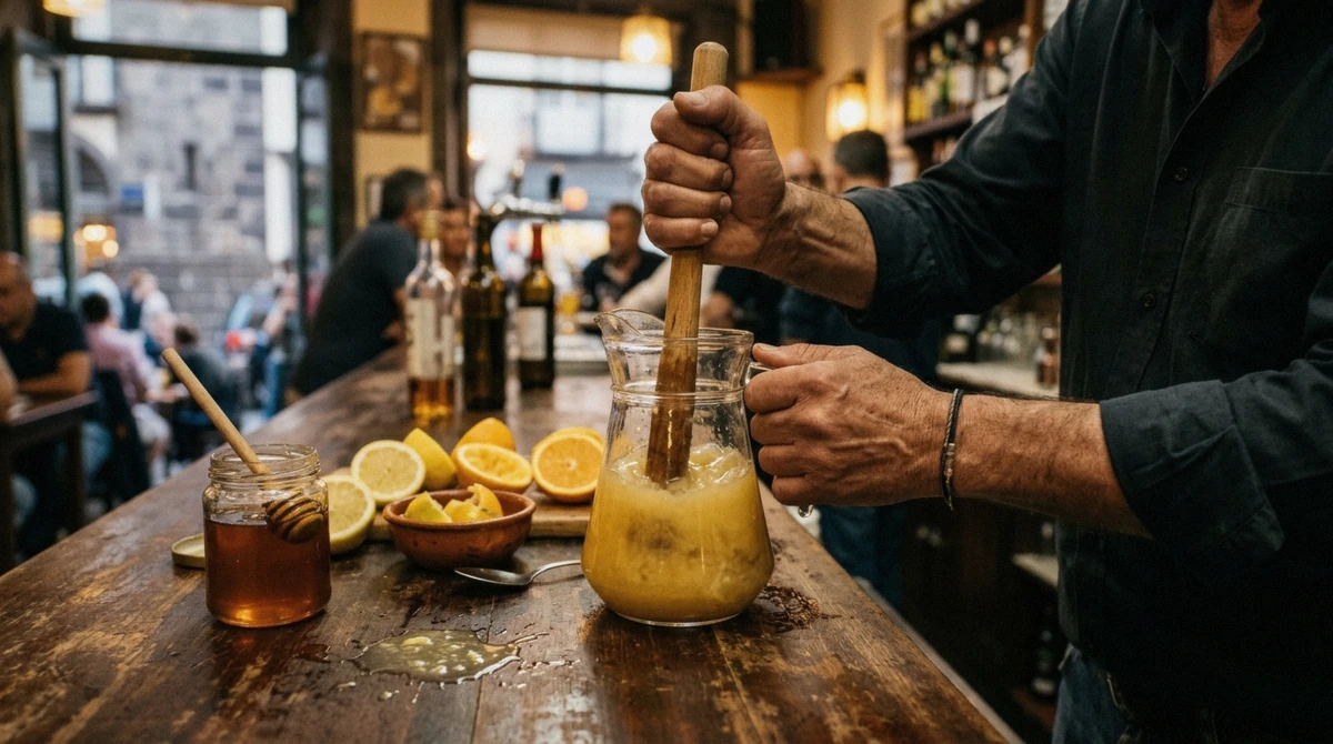A bartender mixing poncha with a wooden mexelhote in a bar in Funchal, Portugal