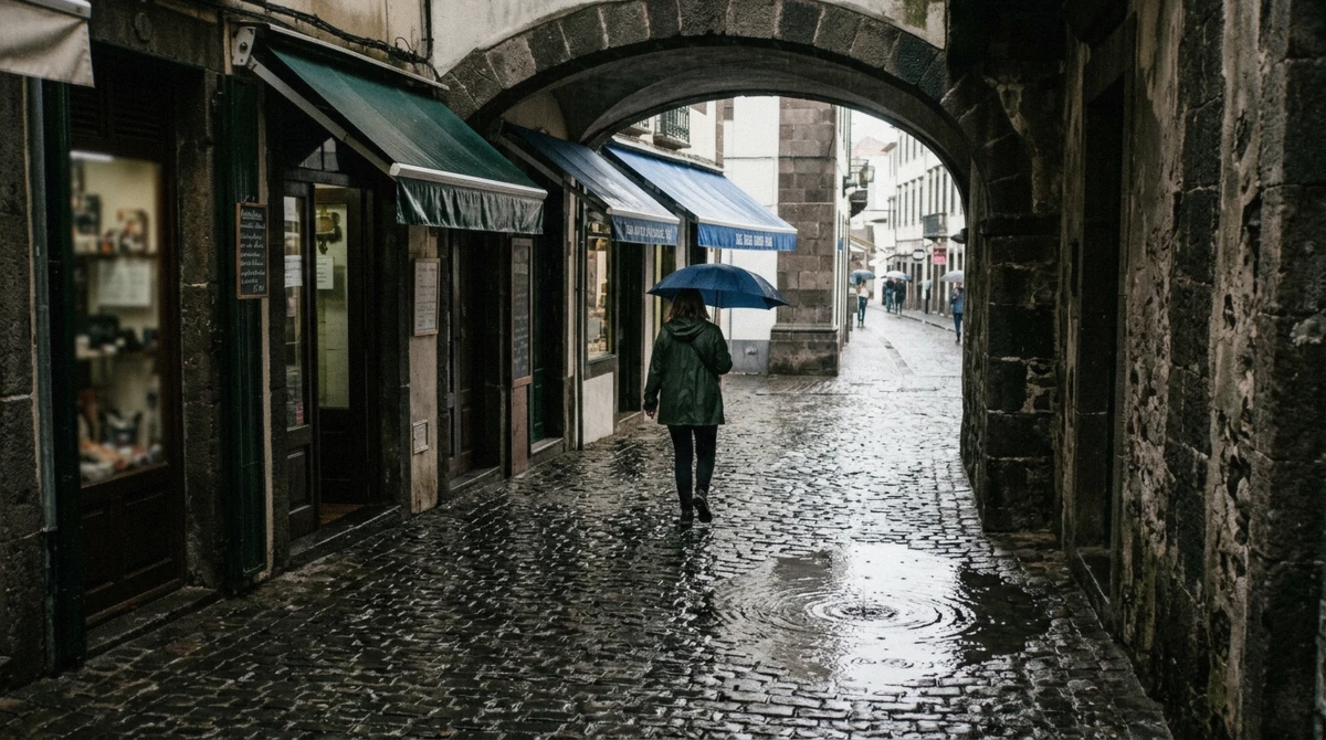 A covered stone arcade walkway in the old town of Funchal, Portugal during light rain