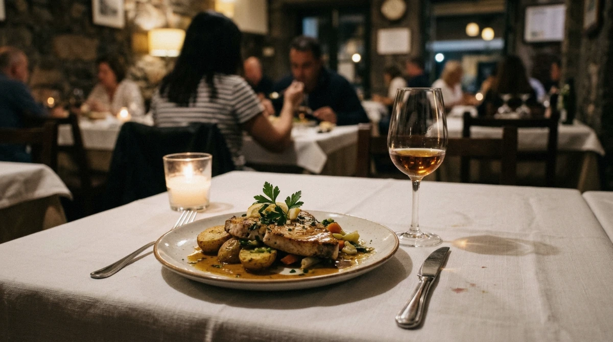 A plated dinner course beside a glass of Madeira wine on a restaurant table in Funchal, Portugal