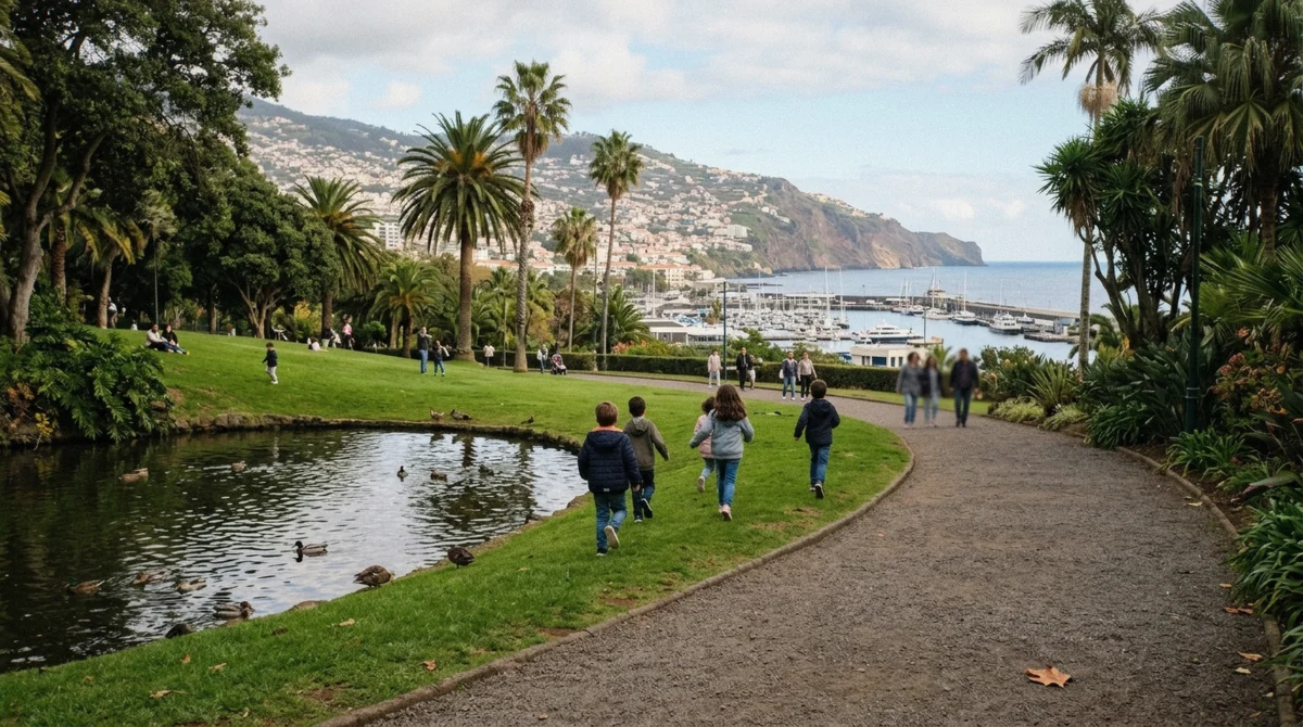 Children playing in Santa Catarina Park in Funchal, Portugal near a small lake