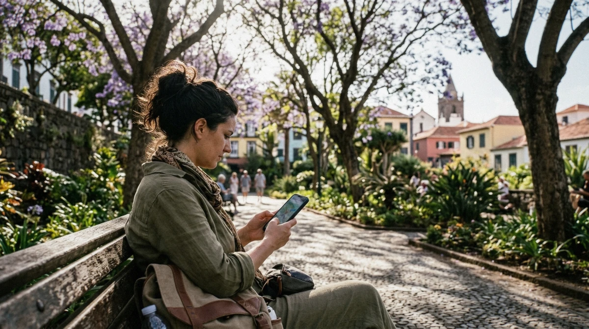 A traveller checking a phone map on a bench in a public garden in central Funchal, Madeira