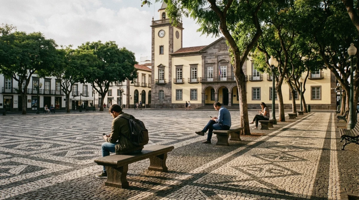 A traveller inserting a SIM card into a smartphone at a cafe table in Funchal, Madeira