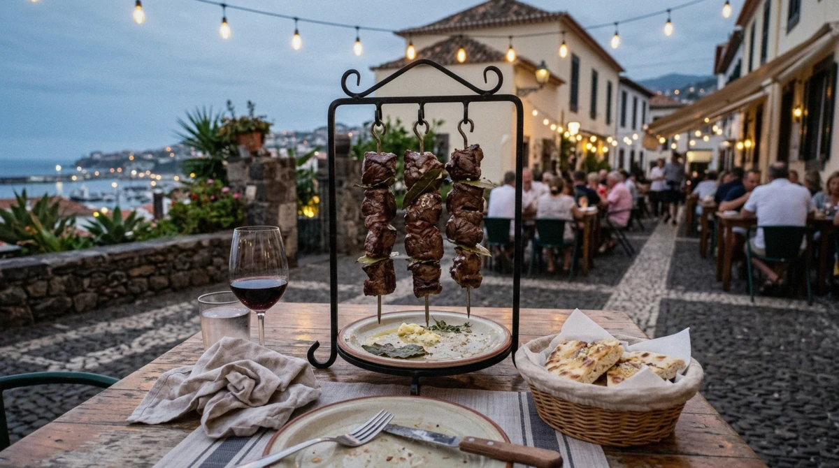 Grilled espetada beef skewers and bolo do caco bread on an outdoor restaurant table in Funchal, Madeira