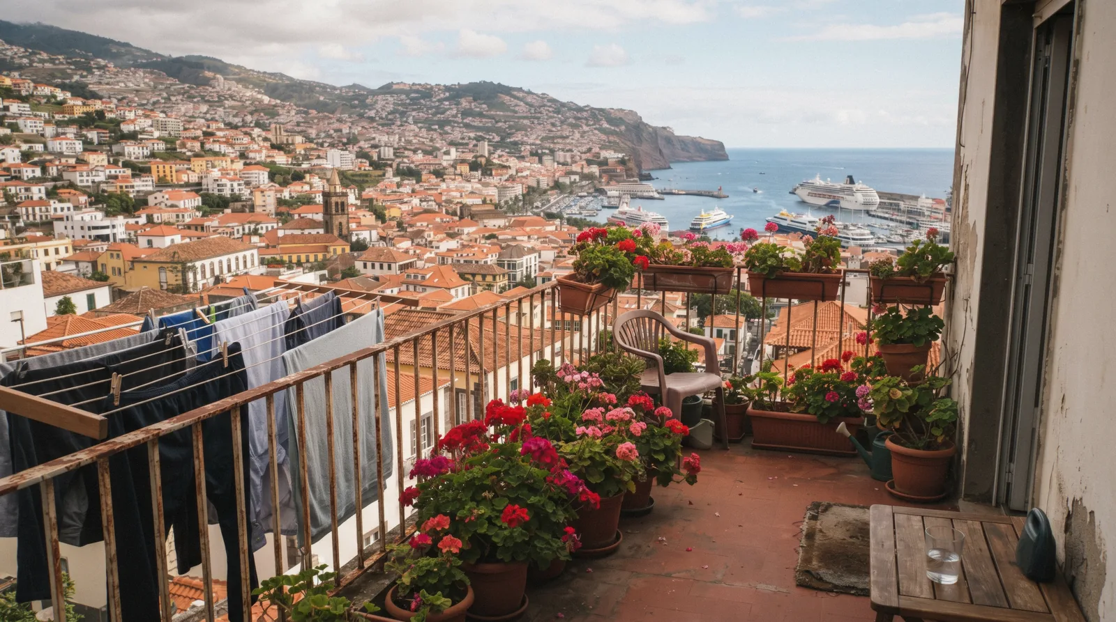 A residential apartment balcony with potted plants overlooking Funchal's rooftops, Funchal apartments