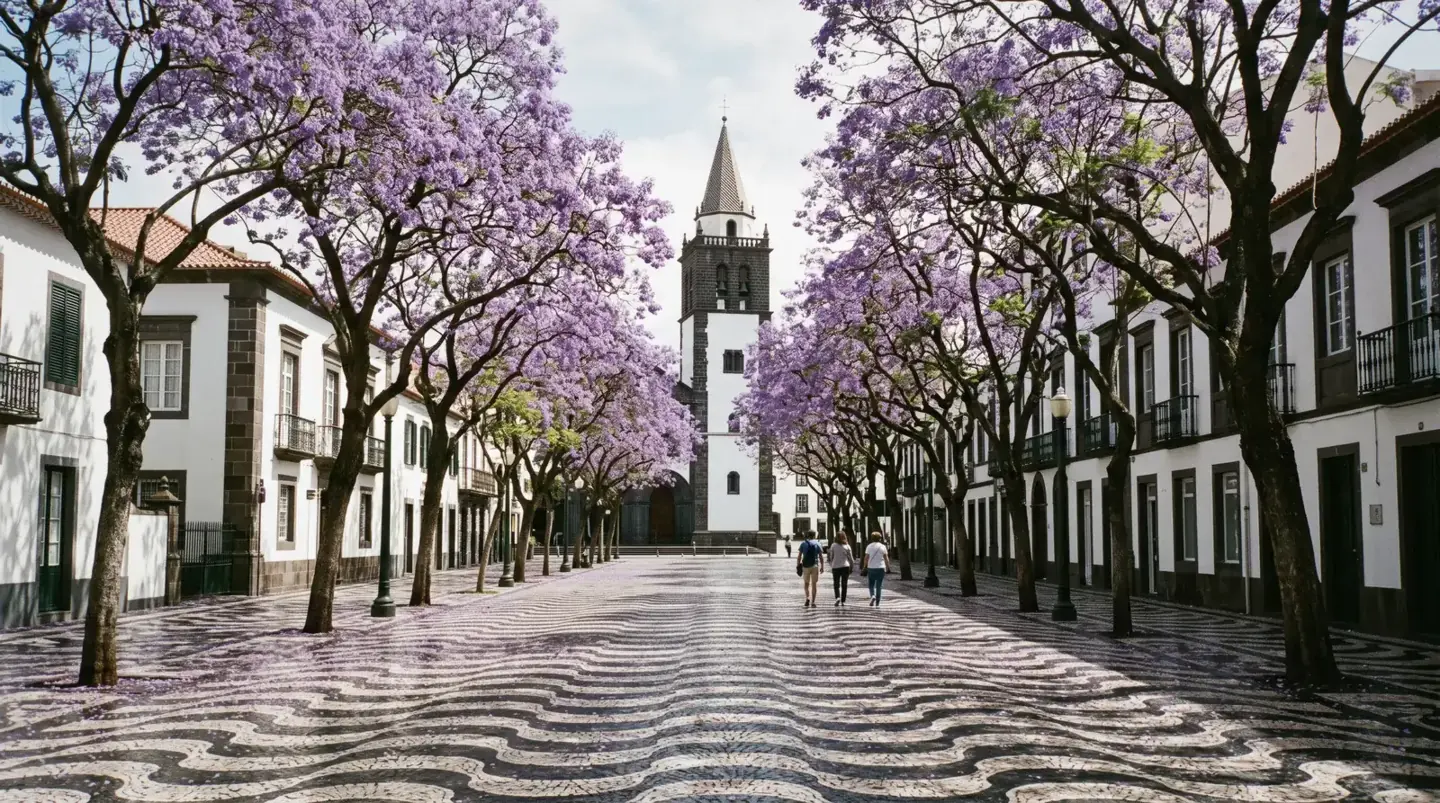 Avenida Arriaga and the Se cathedral tower in the Funchal city centre, Madeira, Portugal