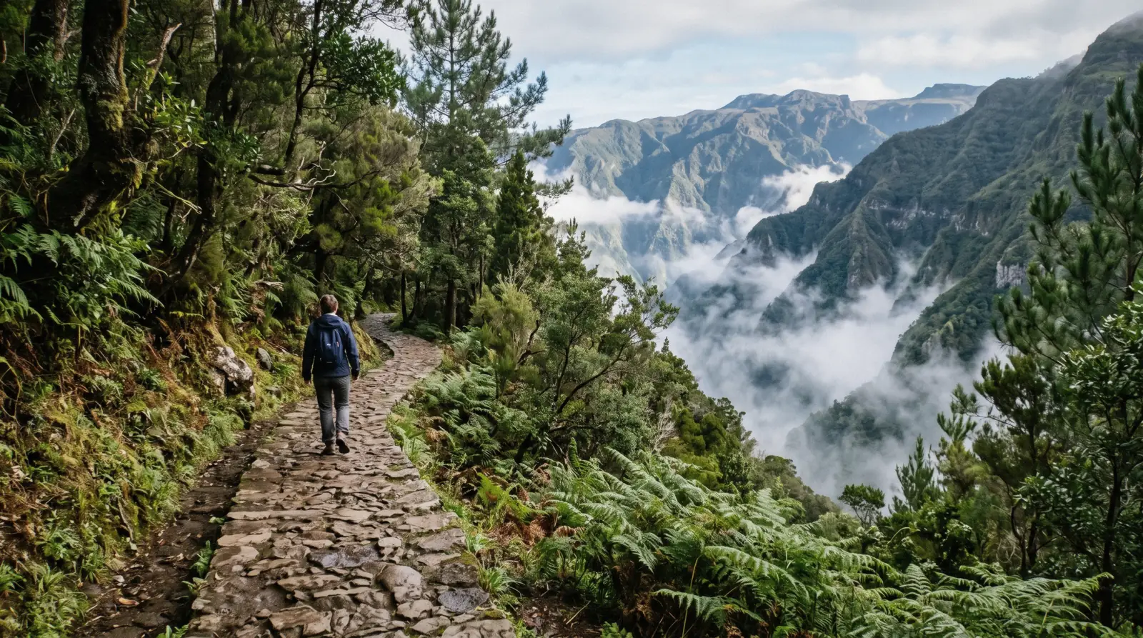 A mountain trail through pine and laurel forest in the Funchal Ecological Park, Madeira