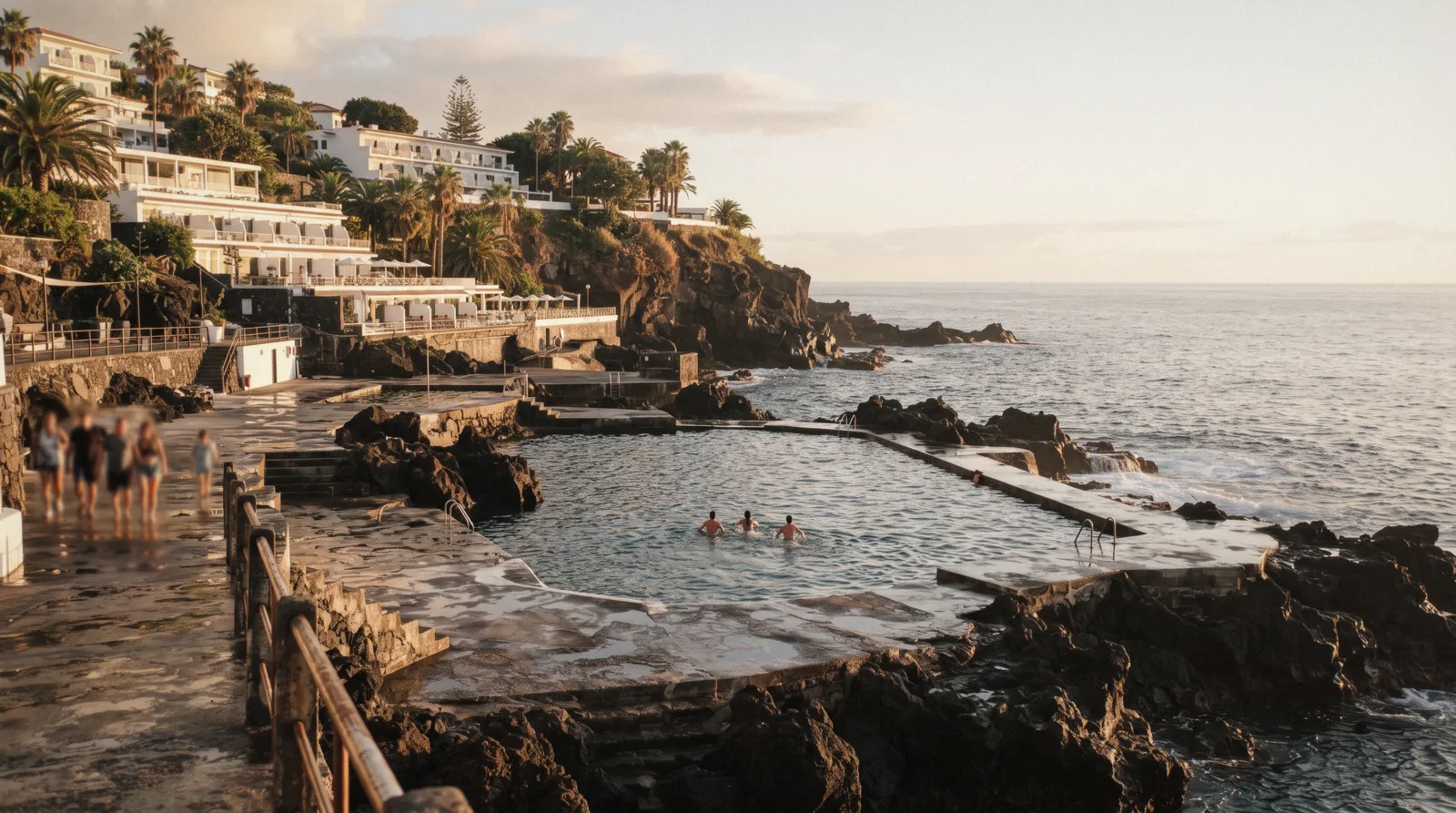 Sea pools and the clifftop hotel road in the Lido zone of Funchal, Portugal