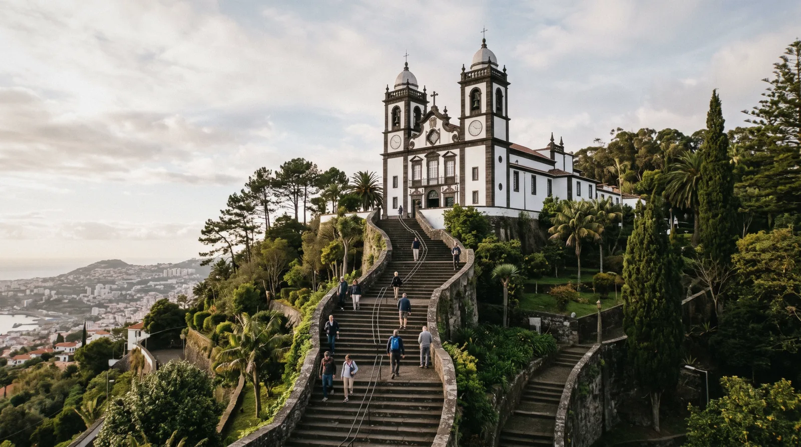The white and black baroque twin towers of Monte Church at the top of the stone staircase in Monte, Funchal, Madeira, Portugal