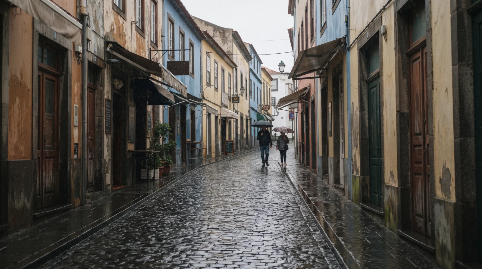 Rain on the cobbled streets of the Funchal old town near covered shopfronts, the setting for a Funchal rainy day plan