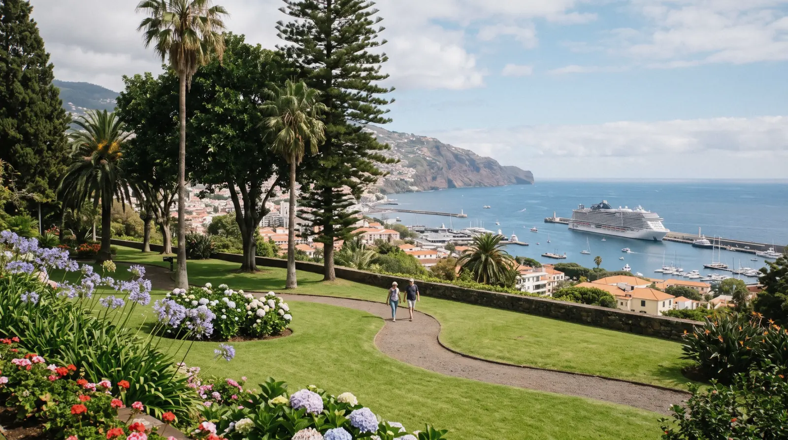Lawn and flowerbeds overlooking Funchal harbour at Santa Catarina Park, Madeira