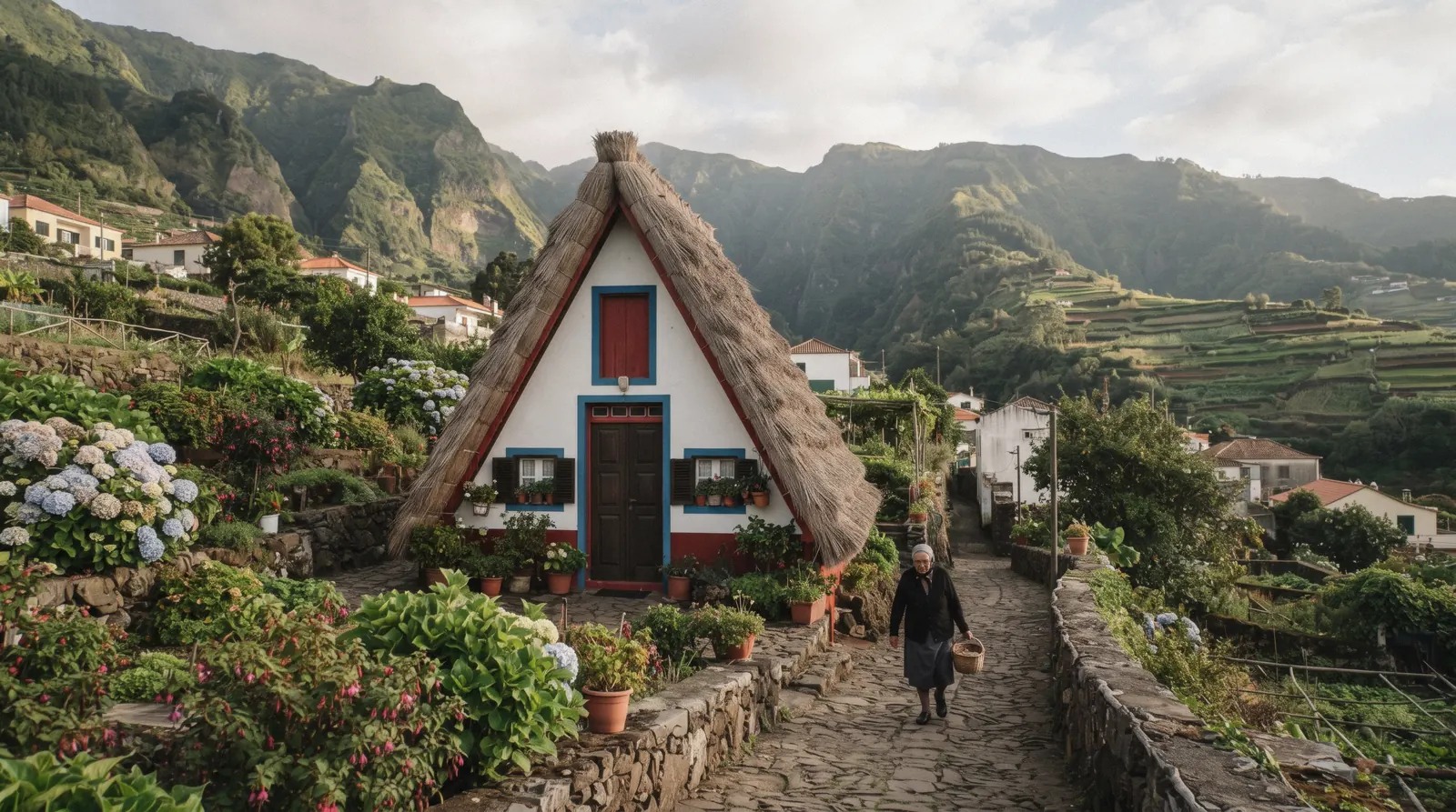 Triangular thatched houses in Santana on Madeira's north coast, a day trip destination from Funchal