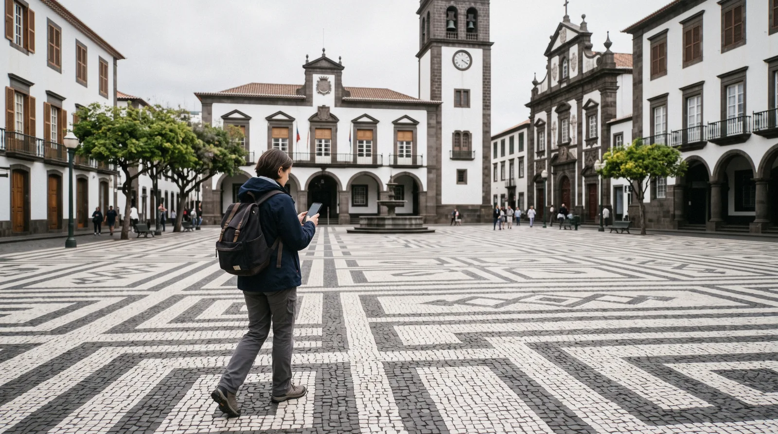 A visitor checking a phone map near Praca do Municipio in Funchal, the everyday use of Funchal wifi and mobile data on a Madeira trip