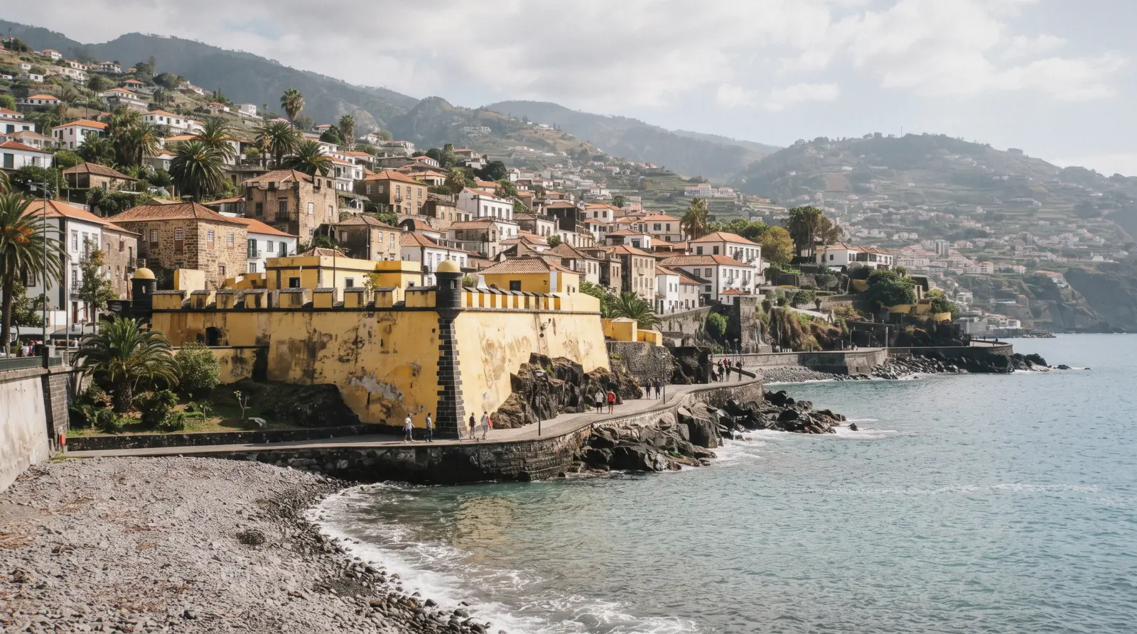 Red rooftops of Funchal seen from the water with the Monte hillside rising behind, Madeira