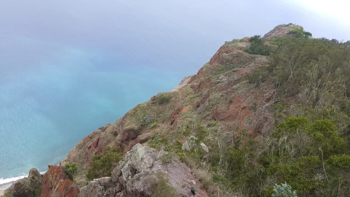 The sheer red cliff face of Cabo Girão dropping to the Atlantic, seen from the viewpoint near Funchal, Madeira