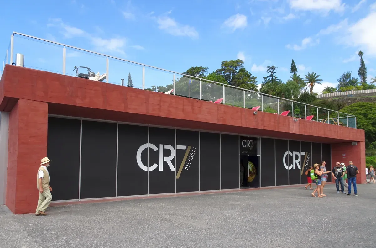 The exterior signage and entrance of the CR7 Museum near the marina in Funchal, Madeira, Portugal