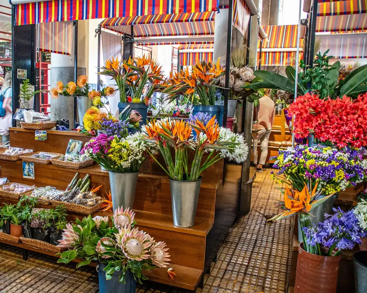 Buckets of bird of paradise flowers and proteas at a flower stall in the Mercado dos Lavradores, Funchal, Madeira